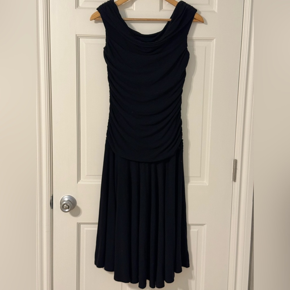 Melissa Masse Made to Measure Black Ruched Off Shoulder Kitten Dress